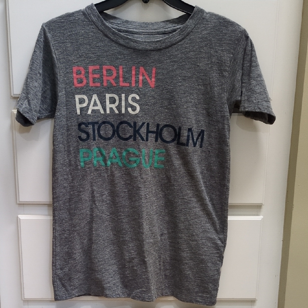 J. Crew Gray T-Shirt with City Names In Multiple Colors. Size XXS